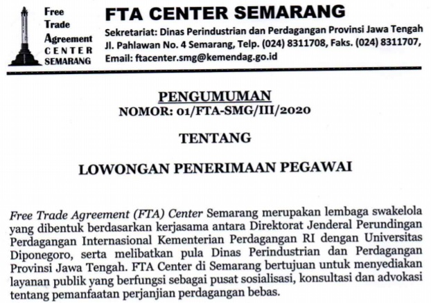 Gambar Lowongan Penerimaan Pegawai FTA Center Semarang